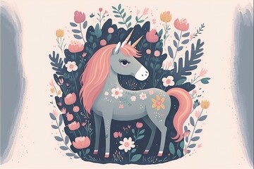Cute unicorn flat illustration created with Generative AI  - obrazy, fototapety, plakaty