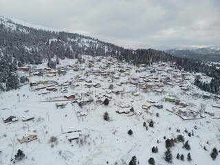 Aerial shots of living quarters, summer houses and winter landscapes on high plateaus