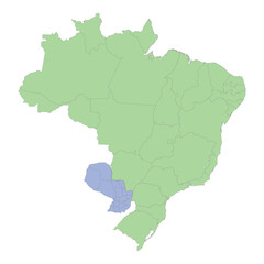 High quality political map of Brazil and Paraguay with borders of the regions or provinces