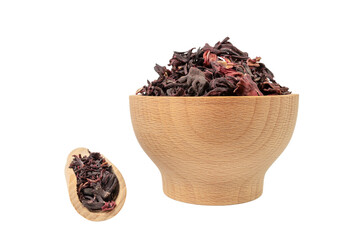 Dry hibiscus tea in wooden bowl and scoop isolated on white background.  herb. herbal tea. food ingredient.