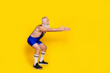 Fototapeta na wymiar Full length size photo of professional pensioner coach video training how make ass bigger exercise take balance isolated on yellow color background