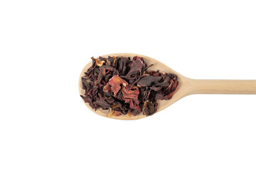 Dry hibiscus tea on wooden spoon isolated on white background. herb. herbal tea. food ingredient.