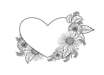 Heart and flowers on a white background. Hand drawing. Vector.