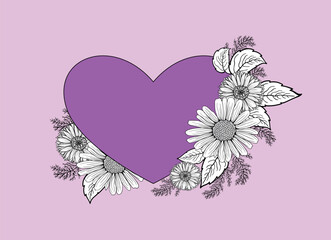 Heart and flowers on a pink background. Hand drawing. Vector.