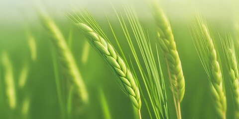 Macro close up of fresh young ears of young green wheat in spring summer field. Free space for text. Agriculture scene. Generative AI