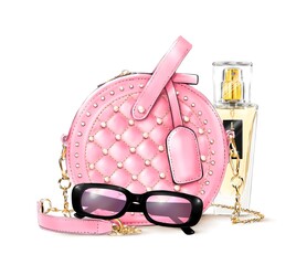 Fashion set with female bag,perfume,eyeglasses. Fashion accessories. Fashion illustration.