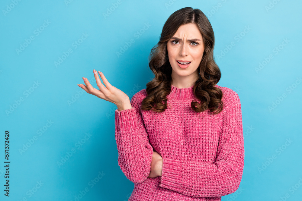 Sticker Photo of stressed depressed lady wear pink clothes demonsatrte aggression outrage empty space isolated on blue color background