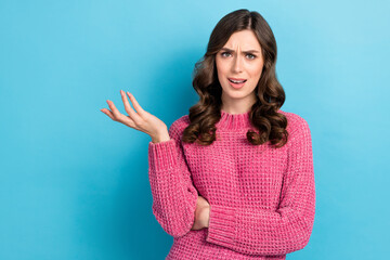 Photo of stressed depressed lady wear pink clothes demonsatrte aggression outrage empty space isolated on blue color background