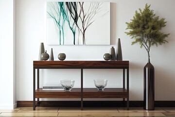 Simple painting above wooden console table with twigs in a glass vase in modern living room interior. Generative AI