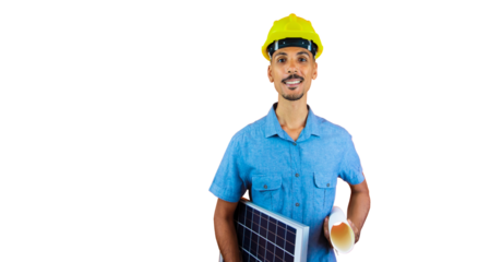 Engineers day - Black Man in Safety Helmet and Blue Shirt isolated on orange.