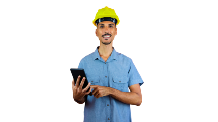 Engineers day - Black Man in Safety Helmet and Blue Shirt isolated. Engineer Holding Mobile.