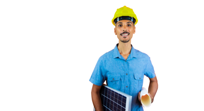 Engineers day - Black Man in Safety Helmet and Blue Shirt isolated on orange.
