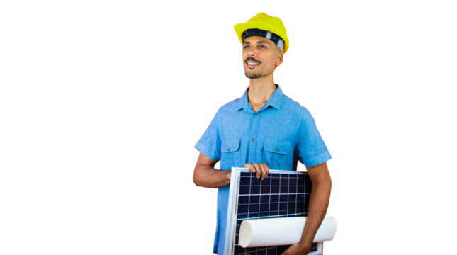 Engineers day - Black Man in Safety Helmet and Blue Shirt isolated. Engineer Holding Photovoltaic Solar Panel.