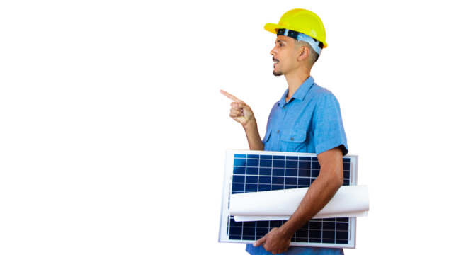 Engineers day - Black Man in Safety Helmet and Blue Shirt isolated. Engineer Holding Photovoltaic Solar Panel. - Powered by Adobe