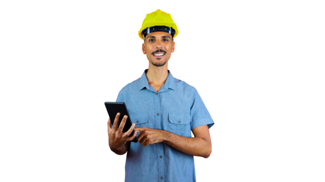 Engineers day - Black Man in Safety Helmet and Blue Shirt isolated. Engineer Holding Mobile. - Powered by Adobe