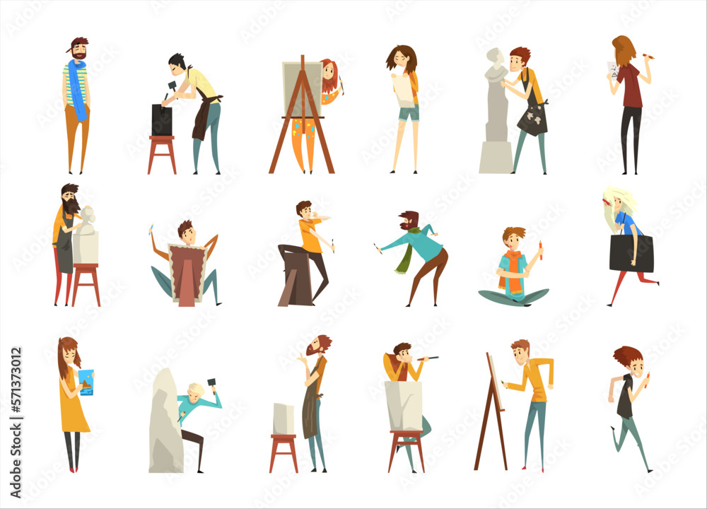 Poster Artists, sculptors and painting at canvas set. Creative people painting and creating statues vector illustration