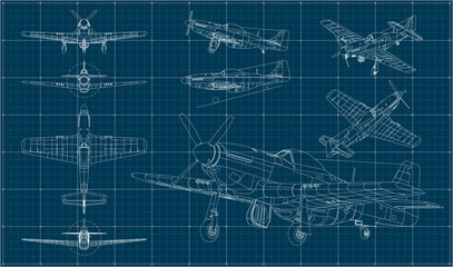 American long-range, single-seat fighter and fighter-bomber used during World War II and the Korean War. Aircraft blueprint with projections, isometry and perspective.