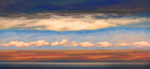 Naklejka na ściany i meble Cloudy sky at sunset over the horizon of the ocean. Horizontal sea at dusk. Sunset over the sea. Sea horizon at dusk landscape. Generative AI