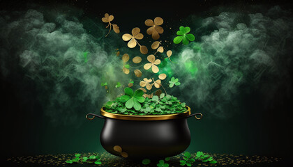 st. patrick's day pot of gold coins and shamrock leaves created by generative AI