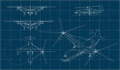 The heaviest and most lifting helicopter ever built in the world. Mil V-12. Soviet four-engine helicopter. Blueprint with projections and isometry.	