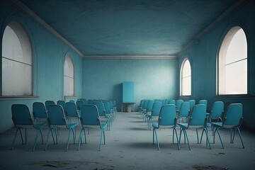 the empty class room with blue chairs. Generative AI