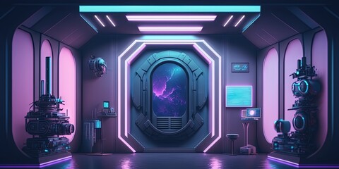 Abstract purple and blue room background. notion of cyberpunk. Scene for an advertisement, a banner, cosmetic commercials, a fashion show, or a business. Science fiction illustration. Display of produ