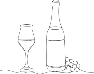 Bottle of wine with wineglass and grape bunch in continuous one line drawing. Vector illustration