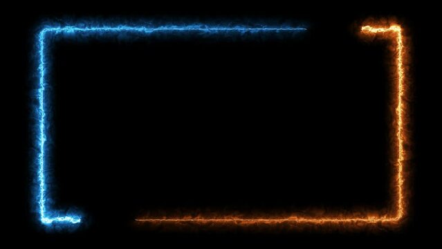 Light effect frame background. rectangular border with blue and orange laser beams. repeating animation. Neon light effect isolated on black. seamless 4K videos