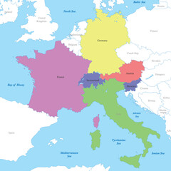 map of Alpine countries with borders of the countries.