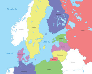 map of Baltic Sea Region with borders of the countries.
