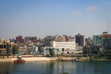 El Mansoura , Egypt - 7 Sep 2019 -  Landscape panoramic view of river Nile in Mansoura city - Panorama - Dakahlia Governorate or Dakahliya governor
