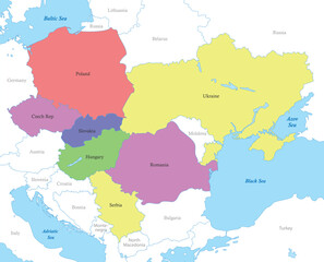 map of Carpathian states with borders of the countries. - obrazy, fototapety, plakaty