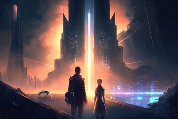 Plakat An illustration artwork of a couple in a futuristic metropolis at night with skyscrapers and light beams. Generative AI