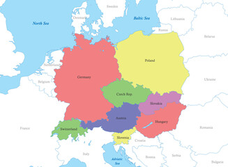 map of Central Europe with borders of the countries.