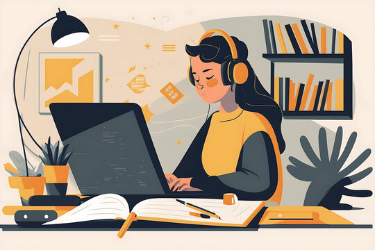 Flat vector illustration Busy young female student wearing headphones using laptop e-learning, writing notes, studying online education seminar via webinar, studying online seminar at home...  