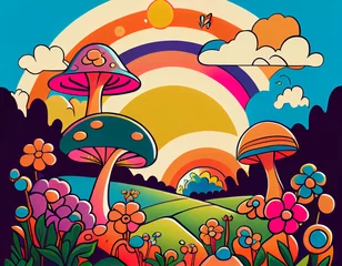 Foto op Plexiglas Cartoon psychedelic landscape with mushrooms and flowers © Ilya