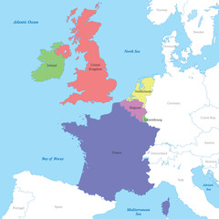 map of Western Europe with borders of the countries.