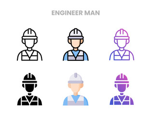 Engineer man icons vector illustration set line, flat, glyph, outline color gradient. Great for web, app, presentation and more. Editable stroke and pixel perfect.