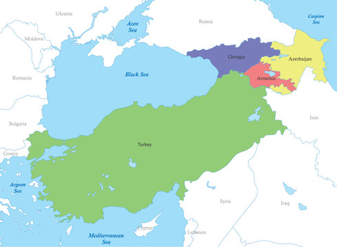 map of Turkey and Caucasus with borders of the countries.