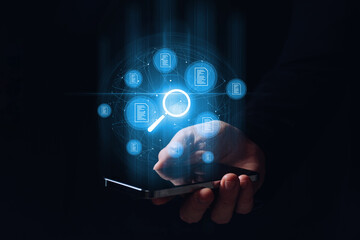 A person holding a smartphone leads the search and verification of electronic documents. Hologram graphics.