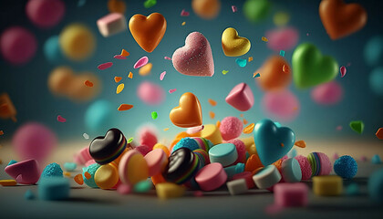 Colorful falling jelly lollipop marshmallow candies close up background new quality universal colorful joyful holiday food stock image illustration wallpaper design, Generative AI