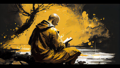 Buddhist monk meditates near a lake. Generative AI - obrazy, fototapety, plakaty