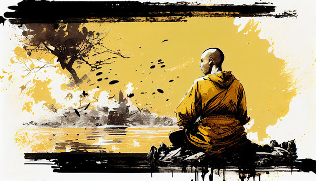 Buddhist monk meditates near a lake. Artwork, Generative AI