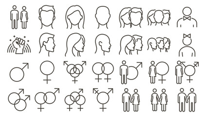 Vector thin line icon set of of gender related vector Icons. Different gender face head avatars. Sexual orientation and gender signss and symbols. Equality, difference, choice