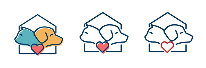 Vector icon illustration of the head of a dog and cat together with a heart and a house behind.. Pet shop, veterinary, medical, shelter or other pet related subjects.