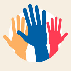 Volunteers and charity work. Raised helping hands. Vector icon background banner illustrations with a crowd of people ready and available to help and contribute. Positive foundation