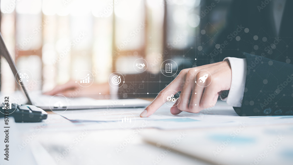 Poster Accountant calculating numbers in company financial documents with calculator, Analysis of company financial data, Planning to assess and review the budget, concept of finance and investment