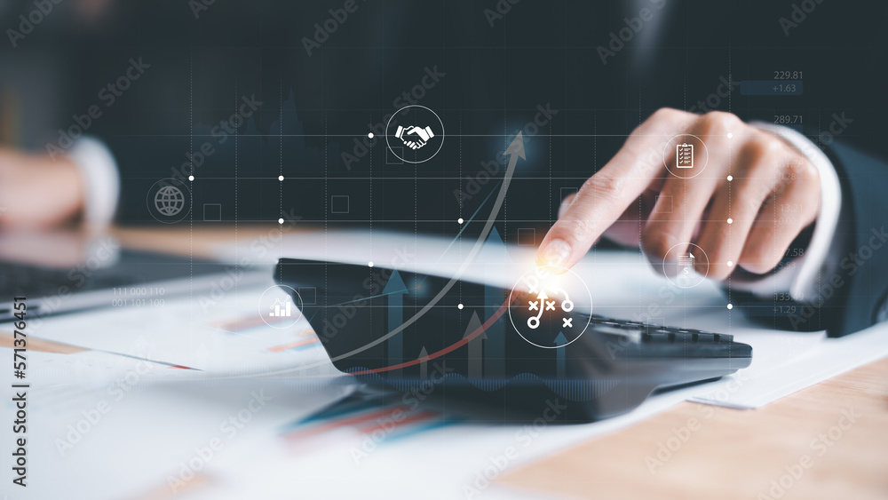 Aufkleber accountant calculating numbers in company financial documents with calculator, analysis of company f