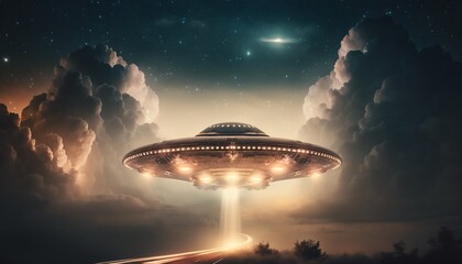 Naklejka na ściany i meble Future spaceship in the sky projects light from bottom, UFO concept illustration.