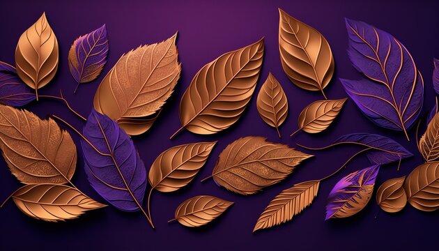 metallic shiny leaves on purple background.